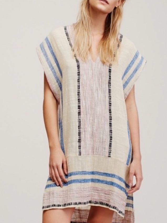 Free People | Women’s Cream/Multi Striped Cotton Vneck Poncho Swim Coverup Sz L